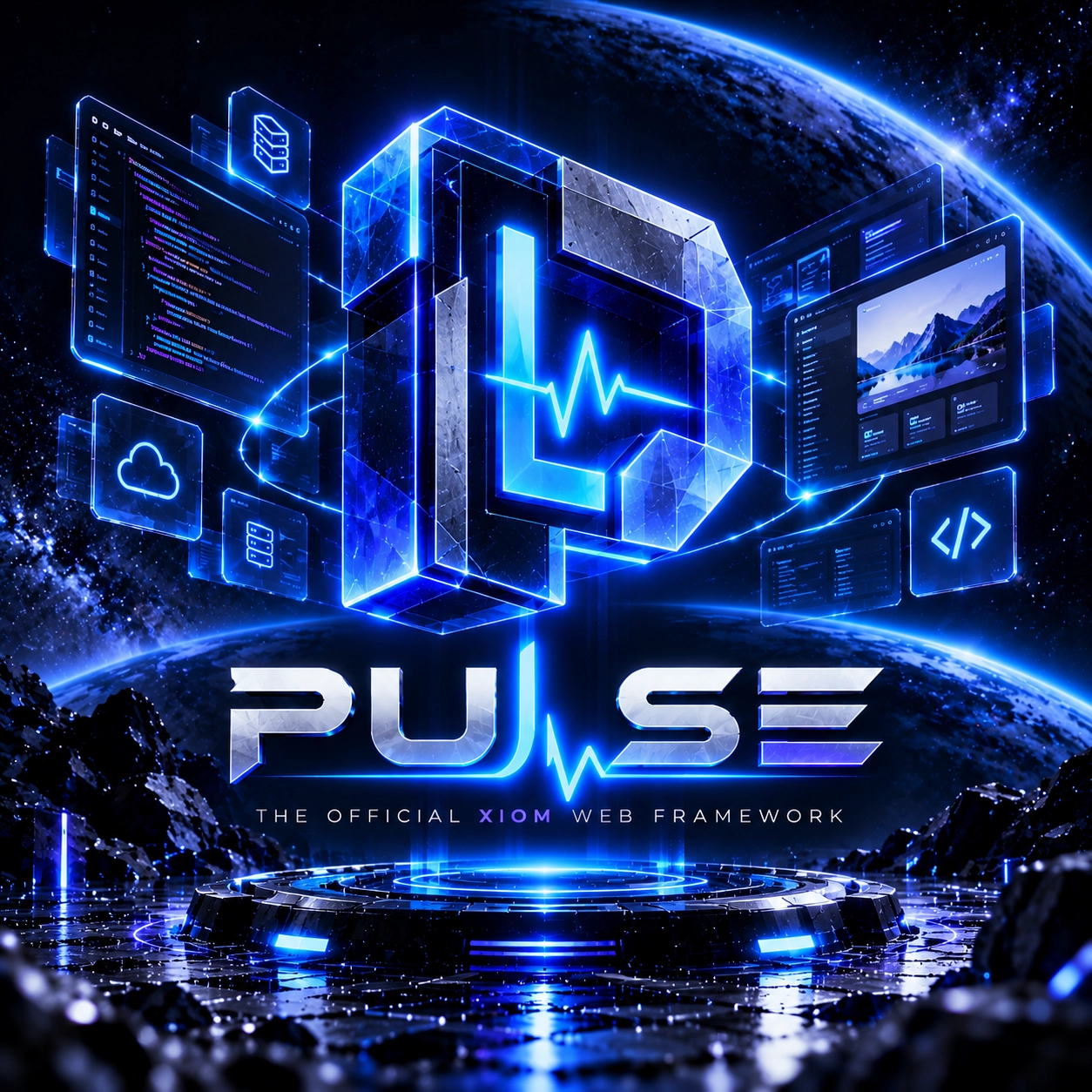 PULSE: a glowing crystalline letter P with a heartbeat line above a planet horizon, ringed by holographic interface panels.